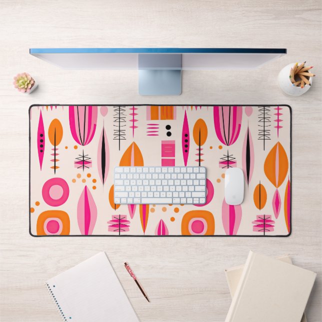 Mid Century Modern Pink & Orange Abstract Pattern Desk Mat (Office 1)