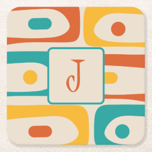 Mid Century Modern Piquet Abstract Pattern Initial Square Paper Coaster