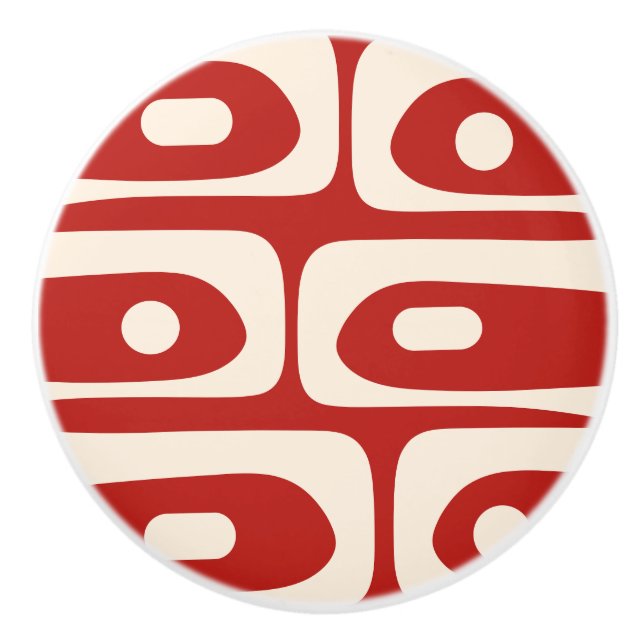 Mid-Century Modern Piquet Pattern Red & Cream Ceramic Knob (Front)