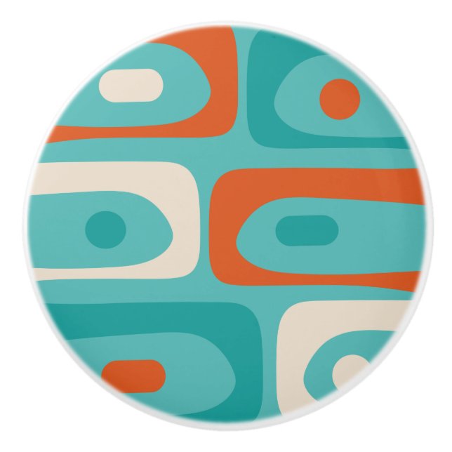 Mid-century Modern Piquet Pattern Teal Orange  Ceramic Knob (Front)