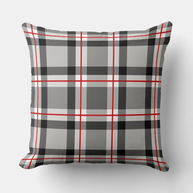 Mid-Century Modern Plaid, Black, White, Grey & Red Cushion (Front)
