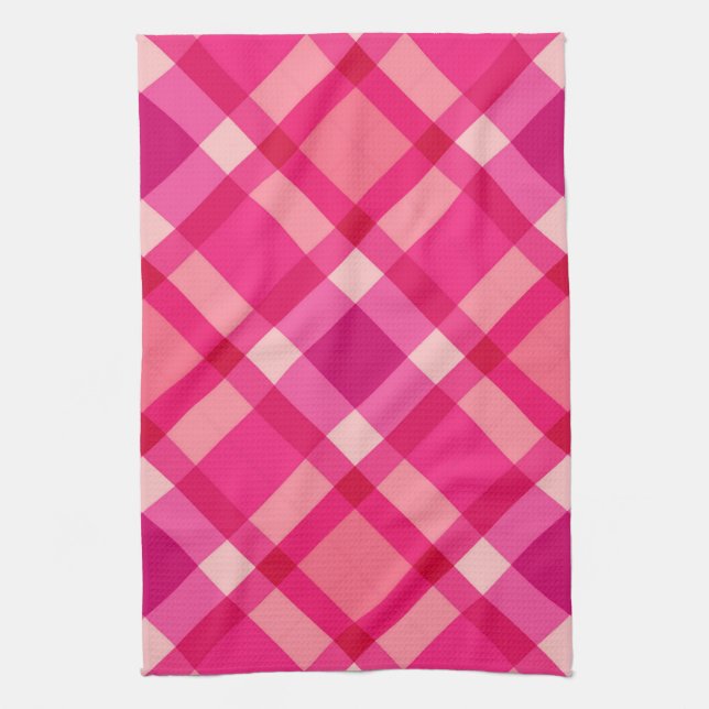 Mid-Century Modern Plaid, Fuchsia Pink and Wine Tea Towel (Vertical)