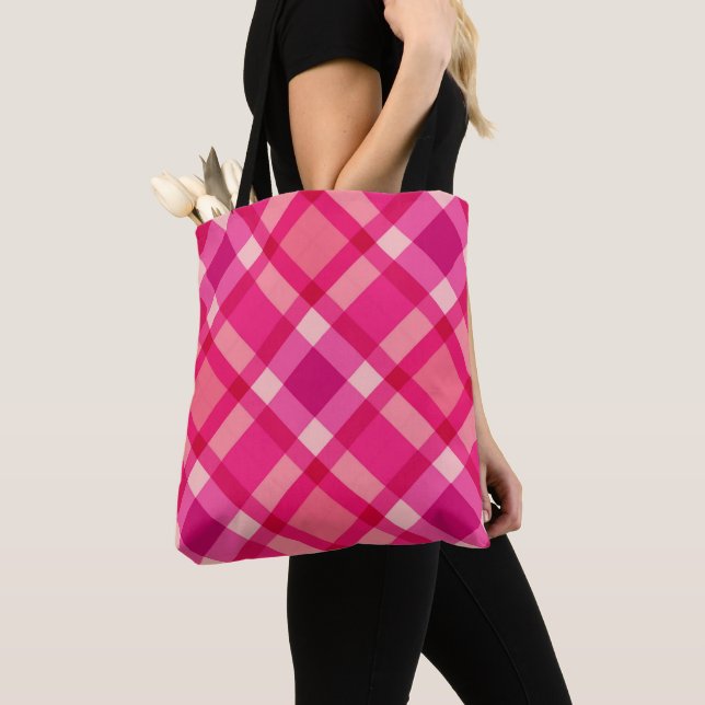 Mid-Century Modern Plaid, Fuchsia Pink and Wine Tote Bag (Close Up)