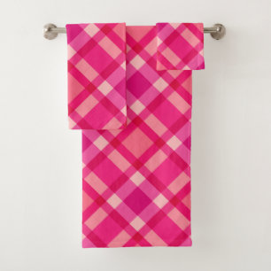 Mid-Century Modern Plaid, Fuchsia Pink & Coral Red Bath Towel Set