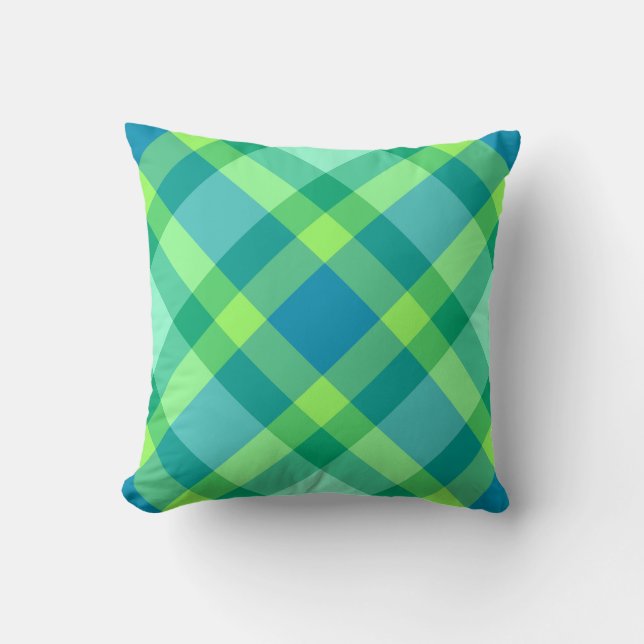 Mid-Century Modern Plaid - Jade green and Blue Cushion (Front)