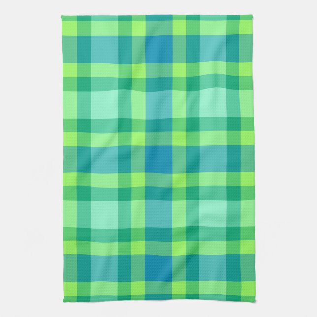 Mid-Century Modern Plaid - Jade green and Blue Tea Towel (Vertical)