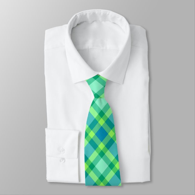 Mid-Century Modern Plaid - Jade green and Blue Tie (Tied)