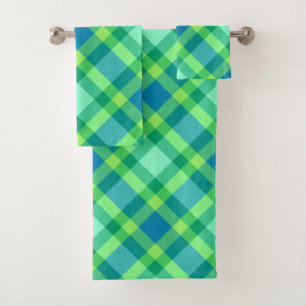 Mid-Century Modern Plaid, Jade Green & Turquoise Bath Towel Set