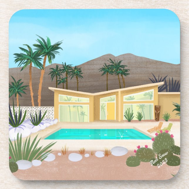 Mid Century Modern Pool House Set of Coasters (Front)