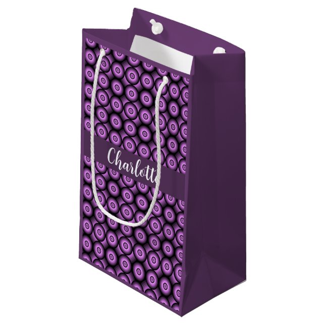Mid century modern purple circle name monogram small gift bag (Front Angled)