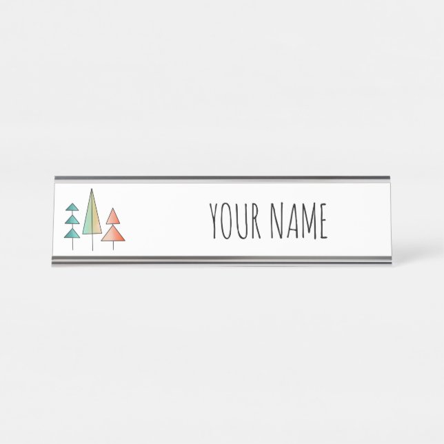 mid century modern rainbow trees blush teal simple desk name plate (Front)