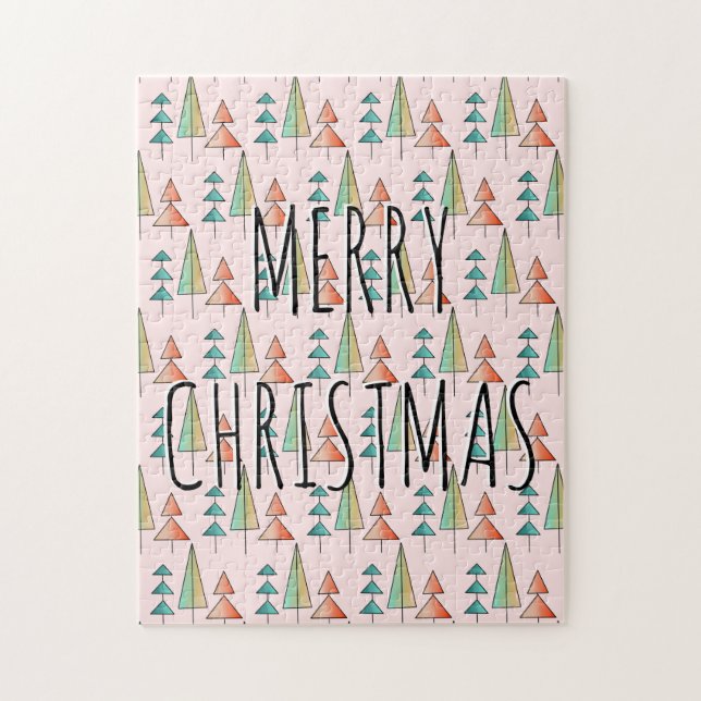 mid century modern rainbow trees blush teal simple jigsaw puzzle (Vertical)