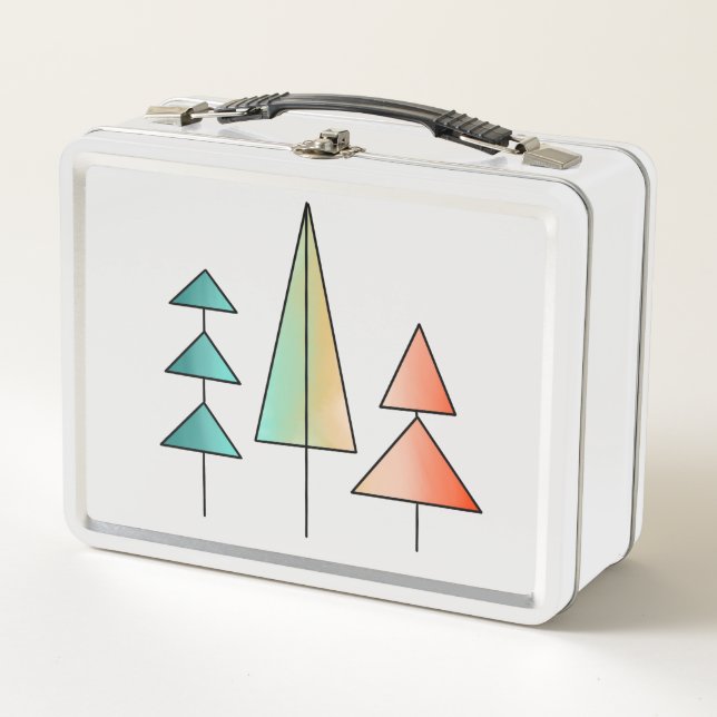 mid century modern rainbow trees blush teal simple metal lunch box (Front)