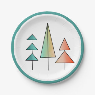 mid century modern rainbow trees blush teal simple paper plate