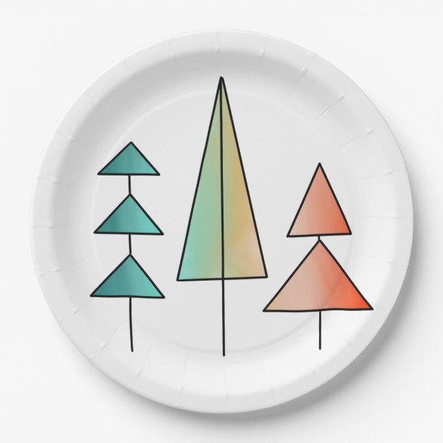 mid century modern rainbow trees blush teal simple paper plate (Front)