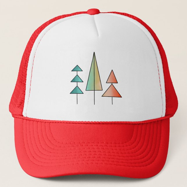 mid century modern rainbow trees blush teal simple trucker hat (Front)