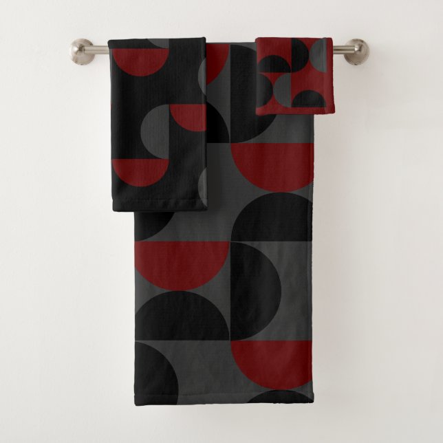 Mid-Century Modern Red Black and Grey  Bath Towel Set (Insitu)