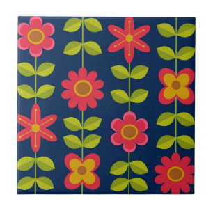 Mid Century Modern red flowers with leaves Ceramic Tile