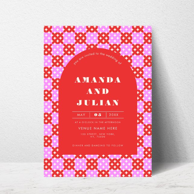Mid Century Modern Red Pink All in One Wedding  Invitation (Creator Uploaded)