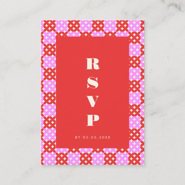 Mid Century Modern Red Pink QR Code RSVP Card (Front)