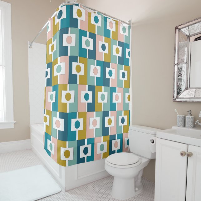 Mid Century Modern Rektangel Geometric Pattern Shower Curtain (In Situ)