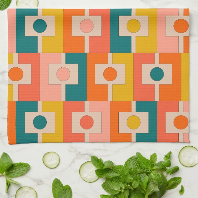 Mid Century Modern Rektangel Geometric Pattern Tea Towel (Folded)