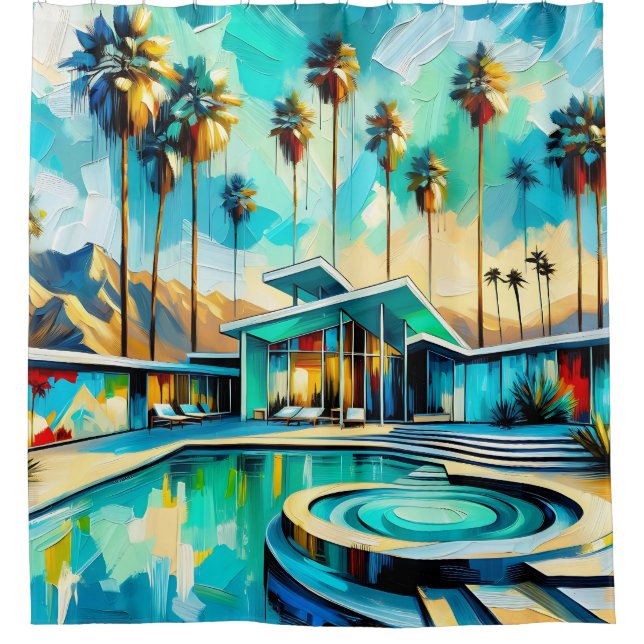 "Mid-Century Modern Retreat: Poolside Elegance" Shower Curtain (Front)