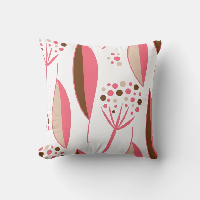 Mid-Century Modern Retro 1950s Pink and Brown Leaf Cushion (Front)