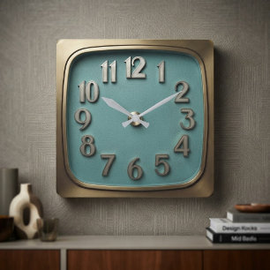 Mid-Century Modern Retro 1960s Teal Brass Atomic Square Wall Clock