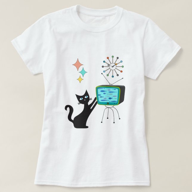 Mid Century Modern Retro Atomic Funny Cat with Fis T-Shirt (Design Front)