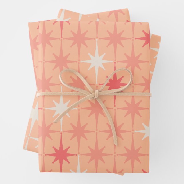 Mid Century Modern Retro Atomic Stars Peach & Pink Wrapping Paper Sheet (In situ)