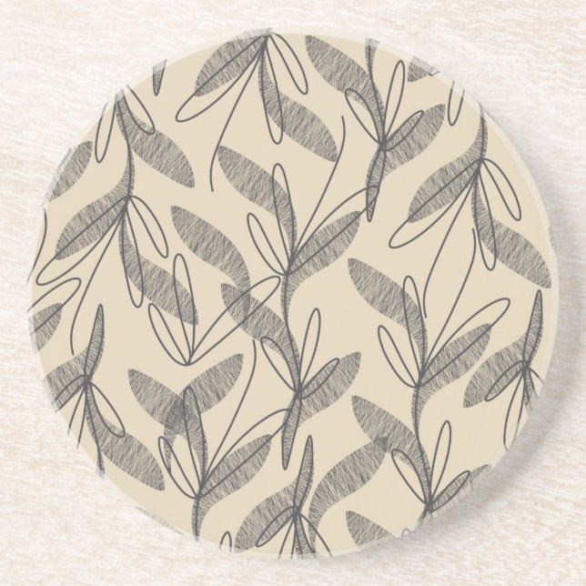 Mid Century Modern Retro Botanical Grey Beige Coaster (Front)