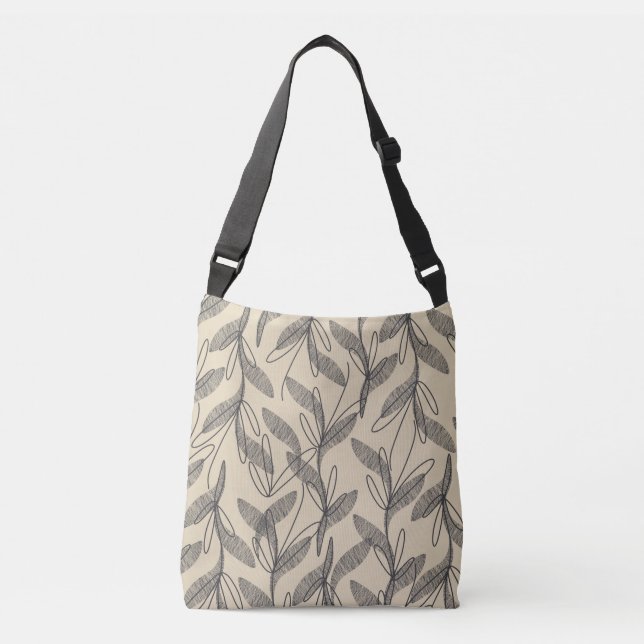Mid Century Modern Retro Botanical Grey Beige Crossbody Bag (Front)