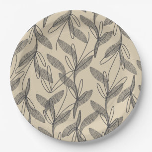 Mid Century Modern Retro Botanical Grey Beige Paper Plate