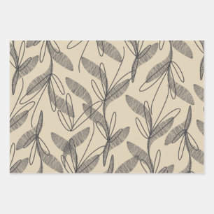 Mid Century Modern Retro Botanical Grey Beige Wrapping Paper Sheet