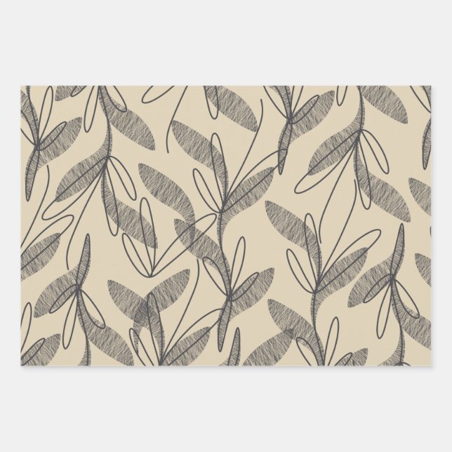 Mid Century Modern Retro Botanical Grey Beige Wrapping Paper Sheet (Front)