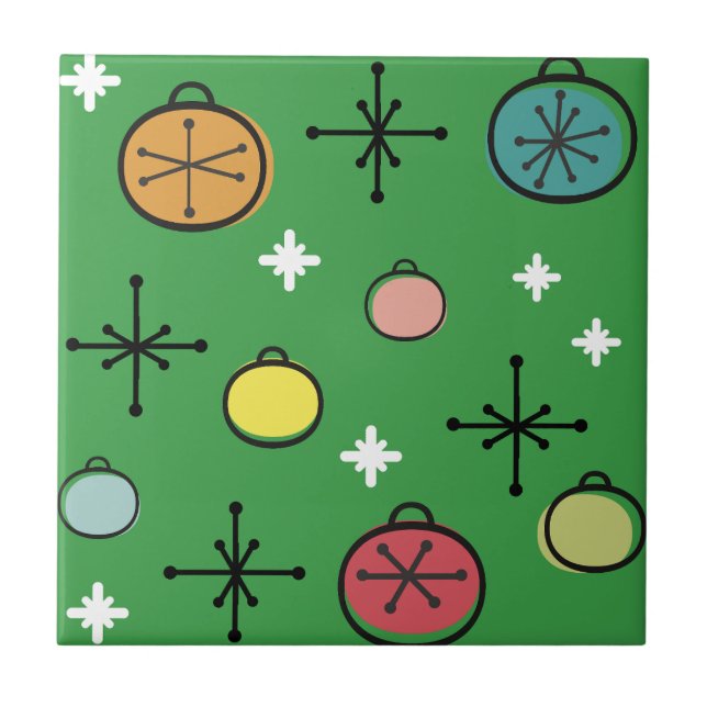 Mid Century Modern Retro Christmas Art Green Ceramic Tile (Front)