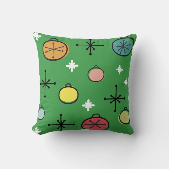 Mid Century Modern Retro Christmas Art Green Cushion (Front)