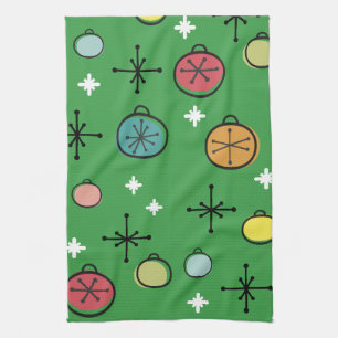 Mid Century Modern Retro Christmas Art Green Tea Towel