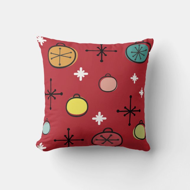 Mid Century Modern Retro Christmas Art Red Cushion (Front)
