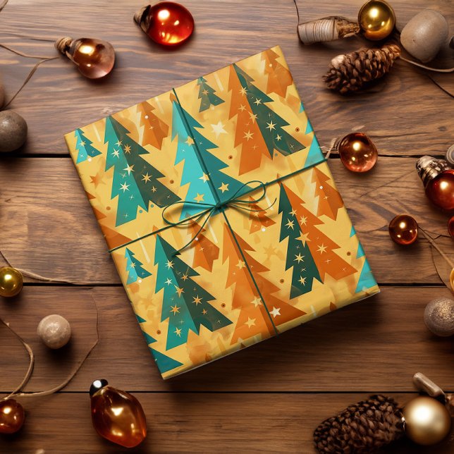 Mid Century Modern Retro Christmas Trees Copper  Wrapping Paper (Retro mid century modern christmas tree wrapping paper in copper and teal jewel tones.)