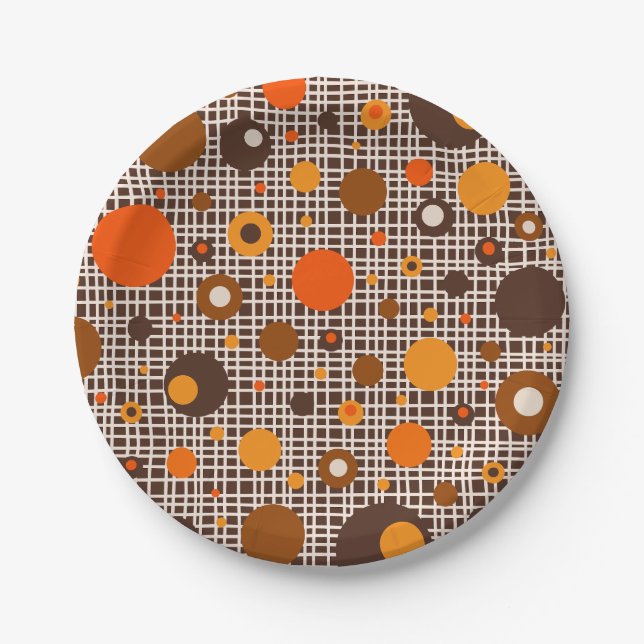 Mid Century Modern Retro Dots Pattern Brown Orange Paper Plate (Front)
