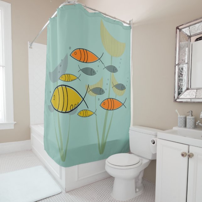 Mid Century Modern Retro Fish Swimming on Aqua Shower Curtain (In Situ)