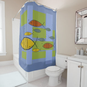 Mid Century Modern Retro Fish Swimming on Blue Shower Curtain