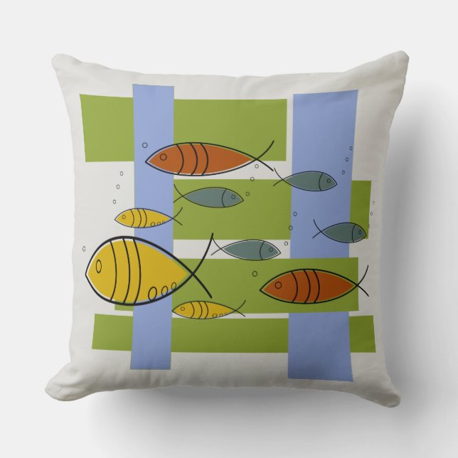 Mid Century Modern Retro Fish Swimming on Grey Cushion (Front)
