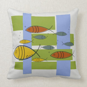 Mid Century Modern Retro Fish Swimming on Grey Cushion