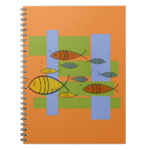 Mid Century Modern Retro Fish Swimming on Orange