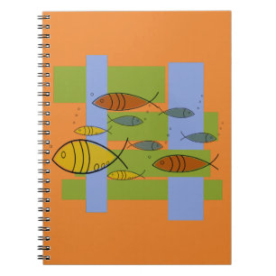 Mid Century Modern Retro Fish Swimming on Orange Notebook