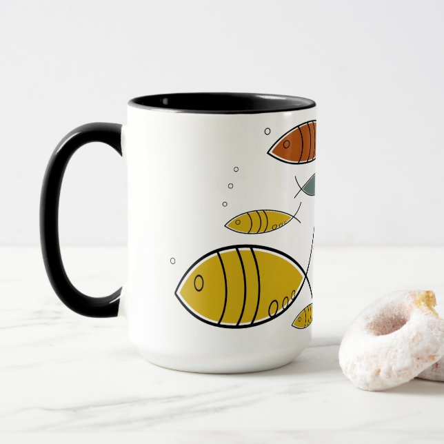 Mid Century Modern Retro Fish Swimming Pattern Mug (With Donut)