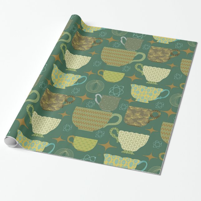 Mid Century Modern Retro Green Teacup  Wrapping Paper (Unrolled)
